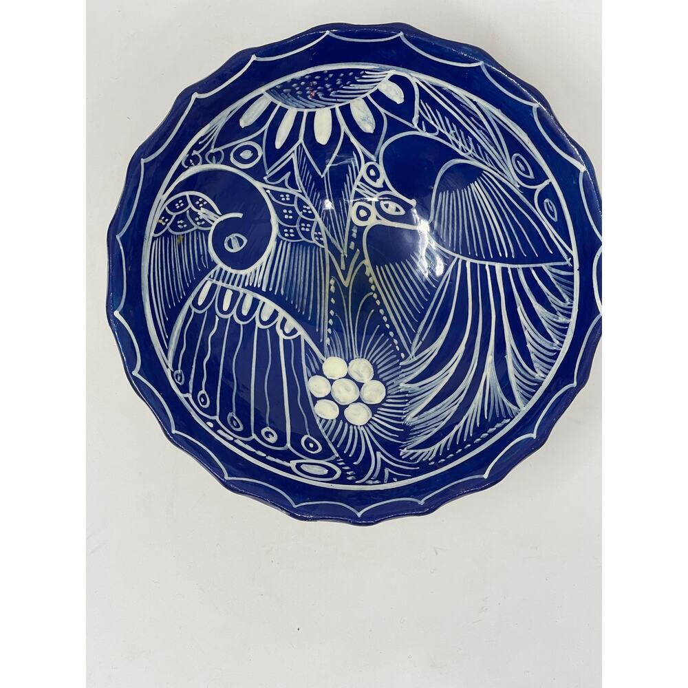Vintage Mexican Folk Art Bird Pottery Small Footed Hand Painted Trinket Bowl